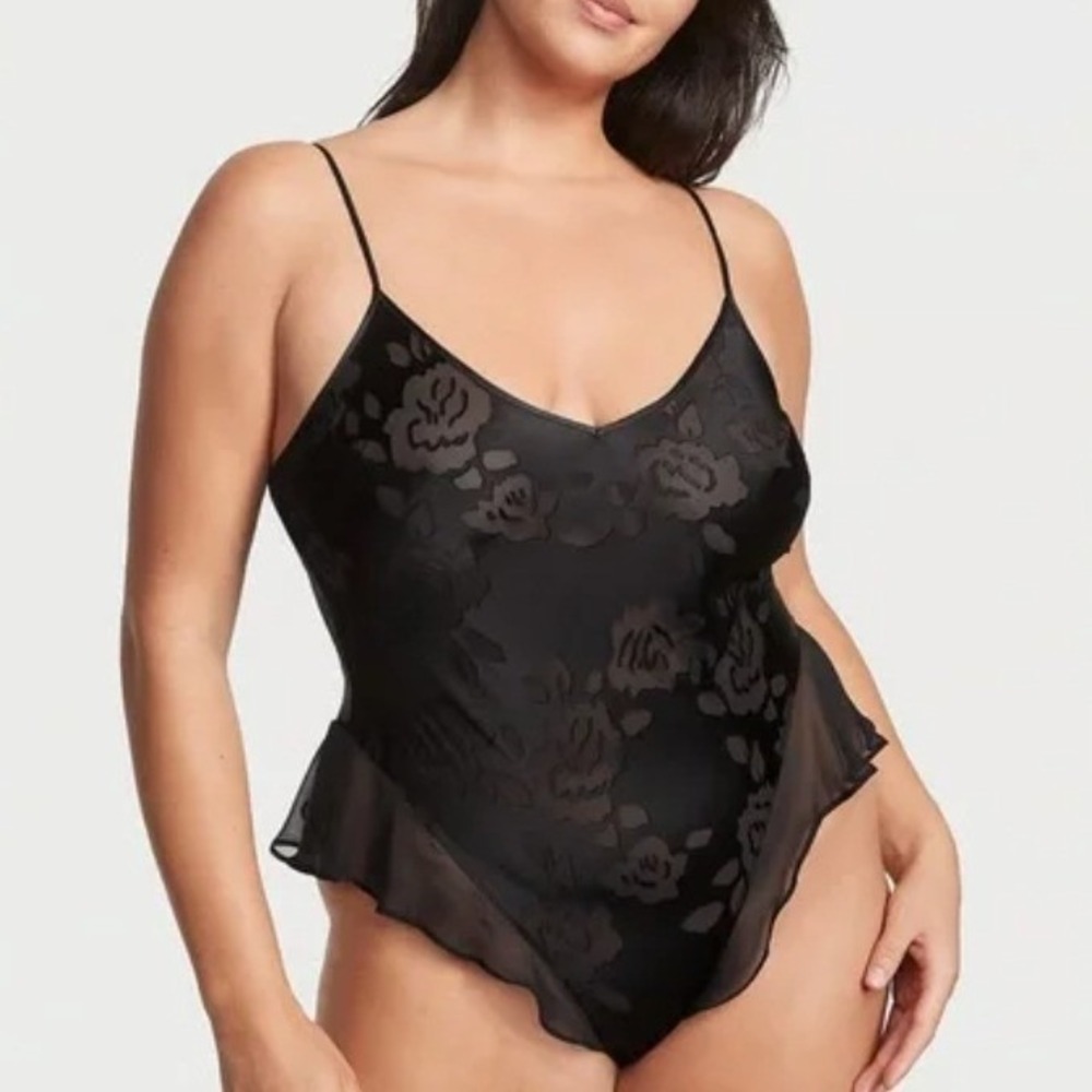 Victoria's Secret Archives Black Burnout Lace Corset Bodysuit Teddy Lingerie L‎